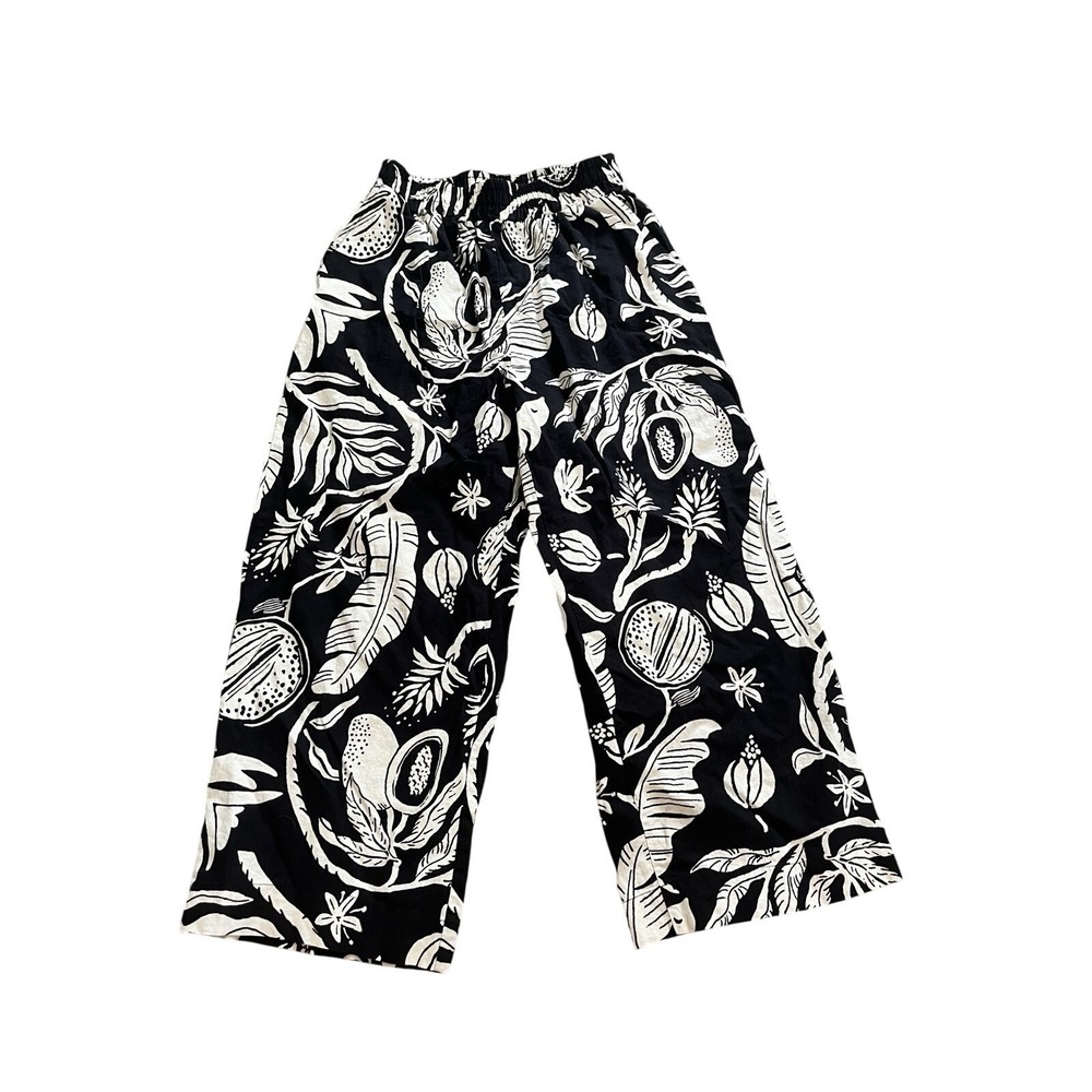 Christian Siriano‎ Women's Linen Blend Bold Floral Black White Wide Leg Pants M